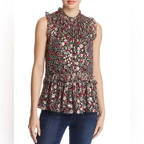 Kate Spade Large Floral Park Silk Sleeveless Ruffle Top Metallic Clip Dot - Picture 1 of 13